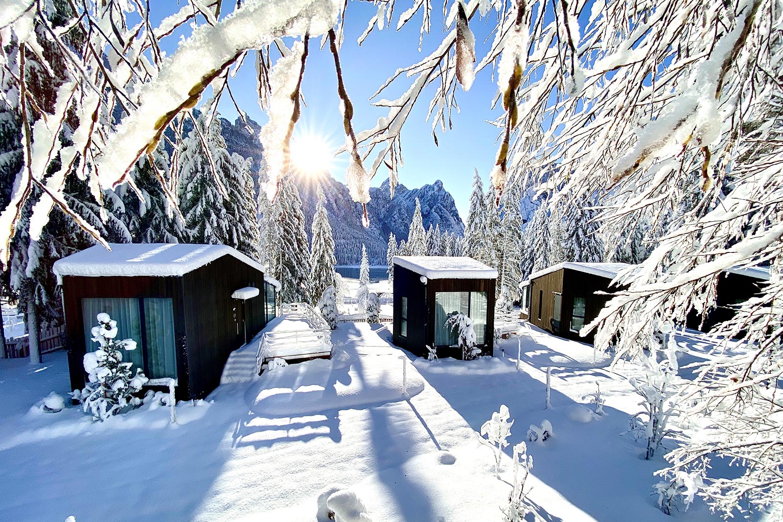 View from above - SkyView Chalets in winter • Skyview Chalets Toblacher See